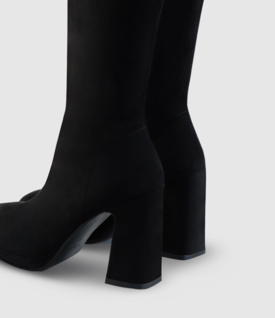 Lodi black suede platform knee boots