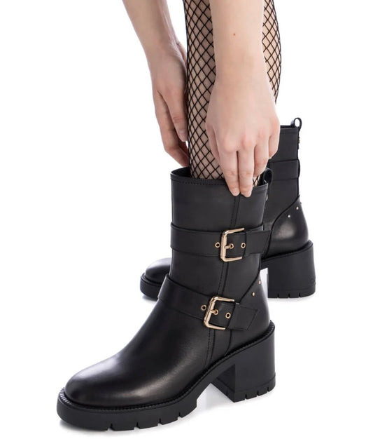 Carmela black leather ankle boots with buckle detail