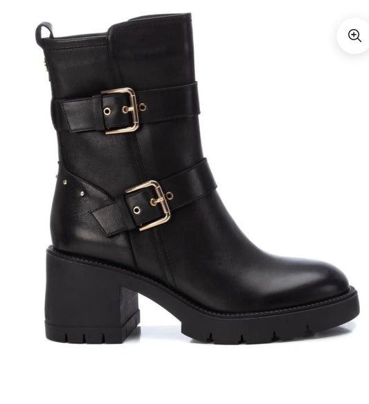 Carmela black leather ankle boots with buckle detail