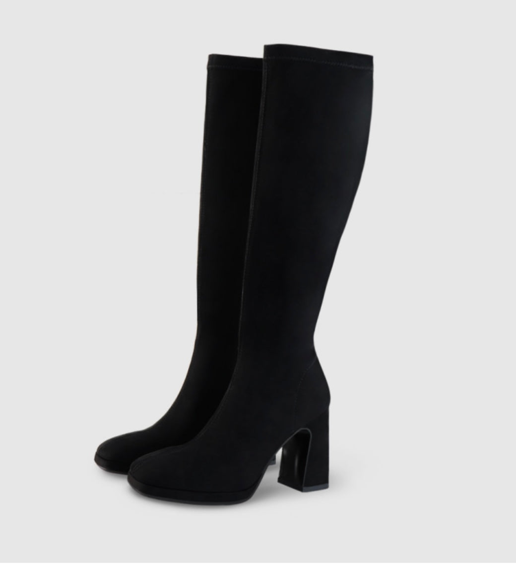 Lodi black suede platform knee boots